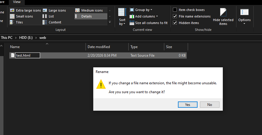 File extension warning message Windows 10
