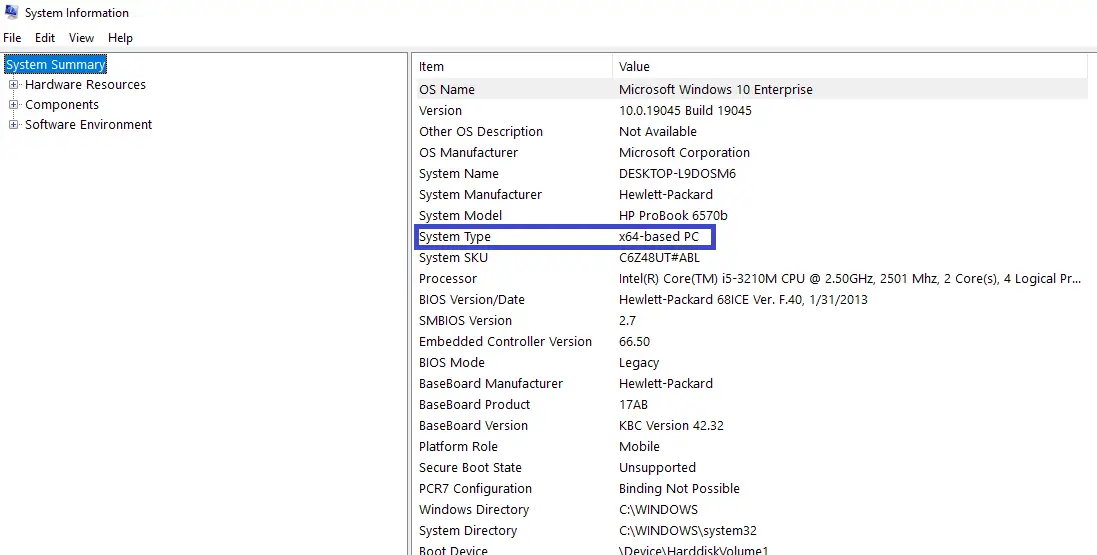 System Information (msinfo32) showing System Type