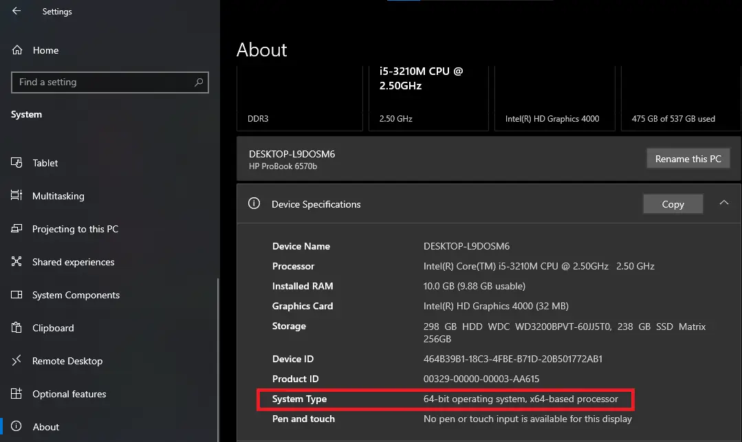 Windows About settings showing System type