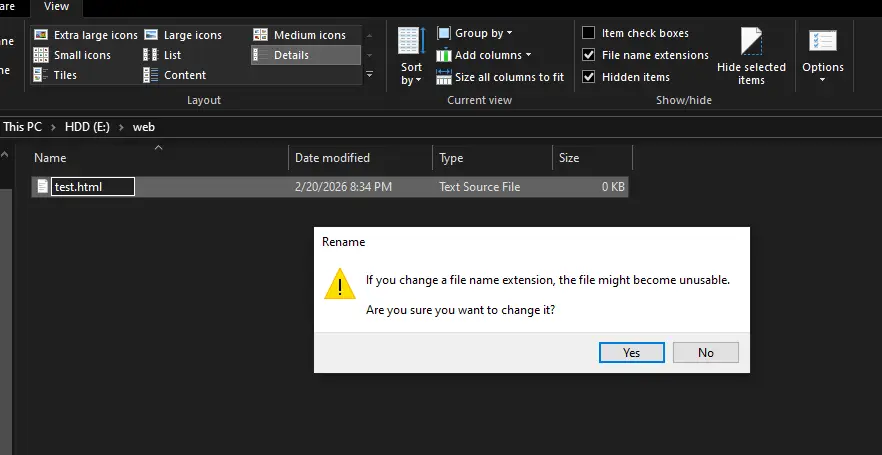 File extension warning message Windows 10